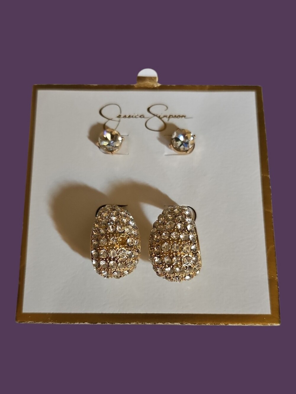 JESSICA SIMPSON Goldtone Paved Chunky Hoop and Solitaire Post Earrings - Picture 1 of 6